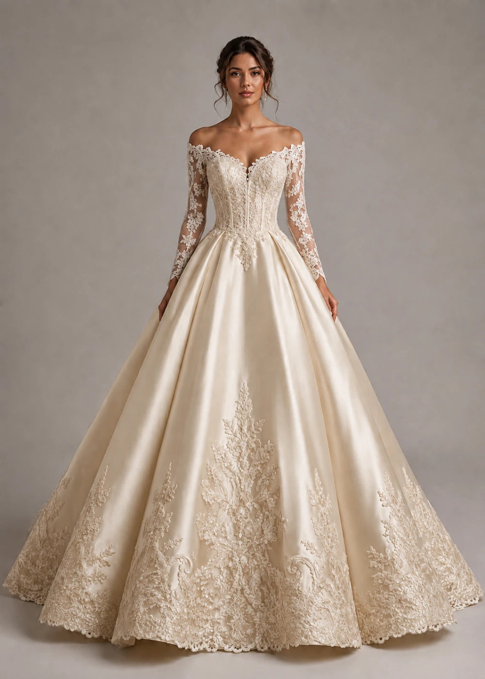 Front view of the champagne off-the-shoulder ball gown with long floral-lace sleeves and a full skirt