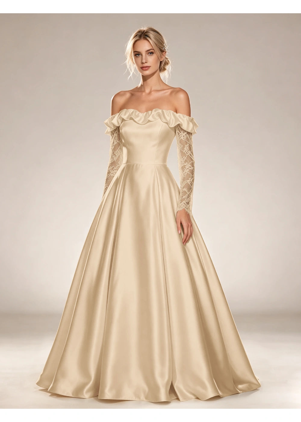 Front view of the champagne ruffled off shoulder gown with the same bridal silhouette