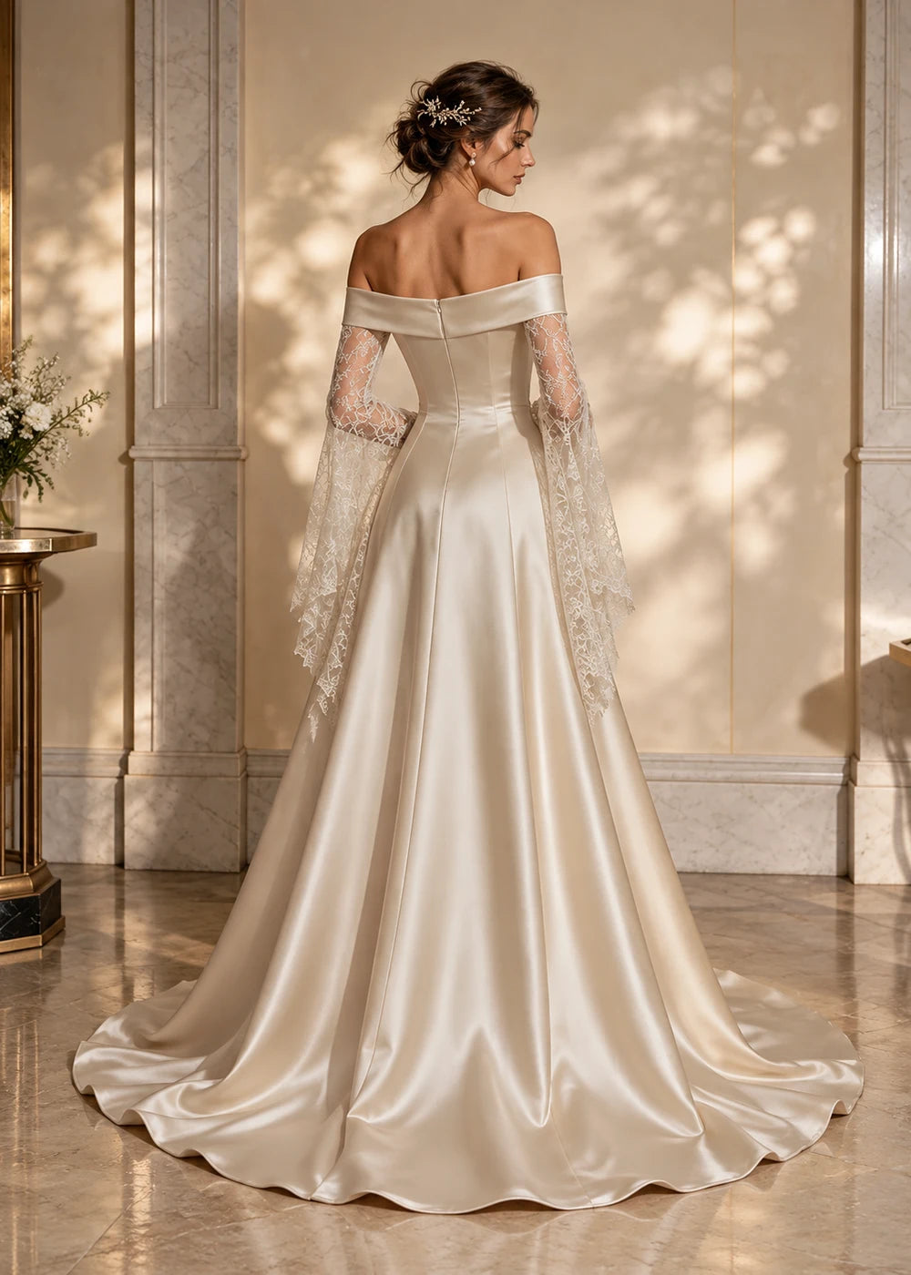 Ivory Off-Shoulder Satin Wedding Dress with Draped Lace Sleeves