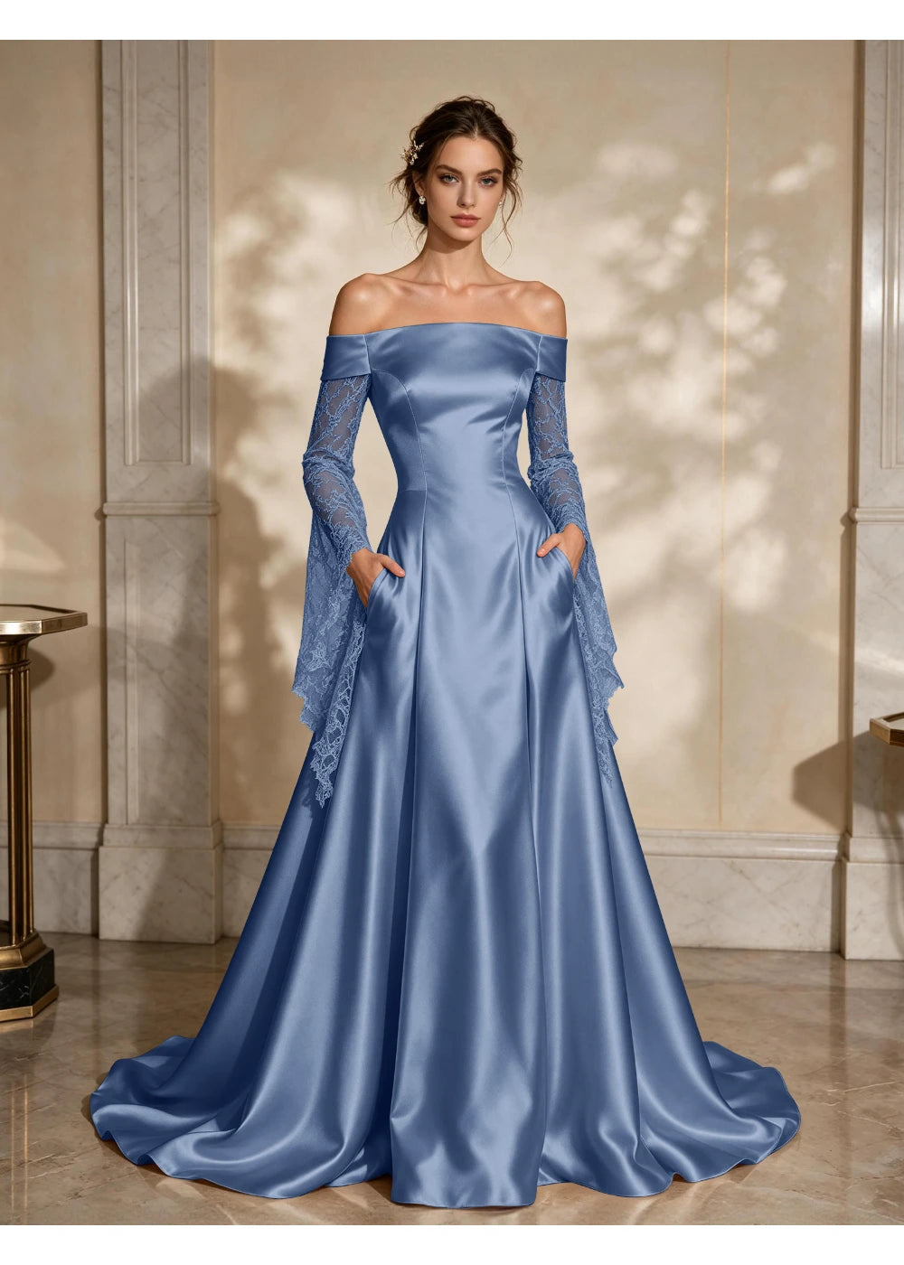 Front view of a dusty blue satin A-line gown with a folded off-shoulder neckline and draped lace sleeve extensions
