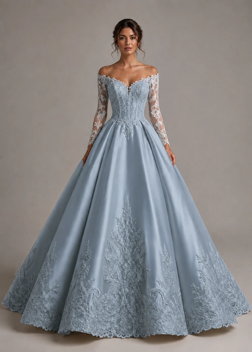 Front view of the dusty blue off-the-shoulder ball gown with long floral-lace sleeves and a full skirt