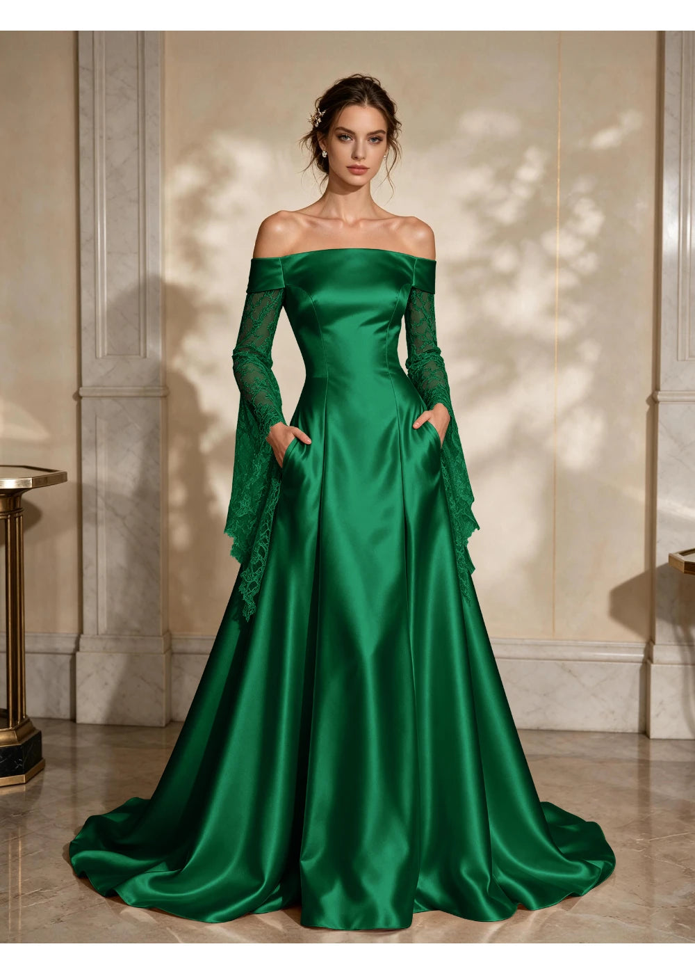 Front view of a emerald green satin A-line gown with a folded off-shoulder neckline and draped lace sleeve extensions