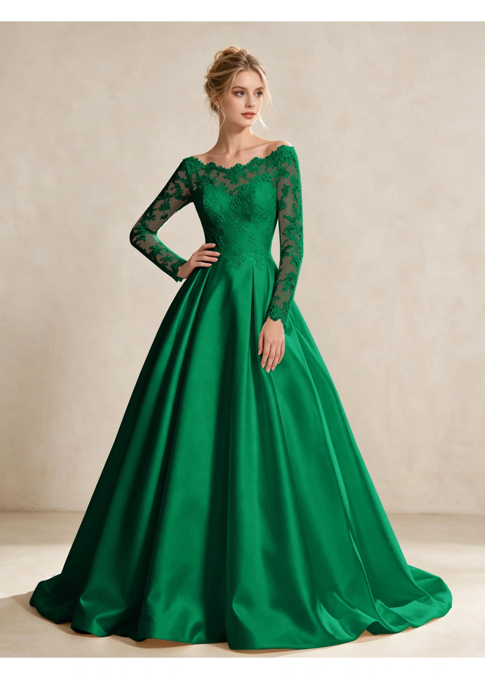 Front view of the emerald green illusion lace satin gown with the same bridal silhouette