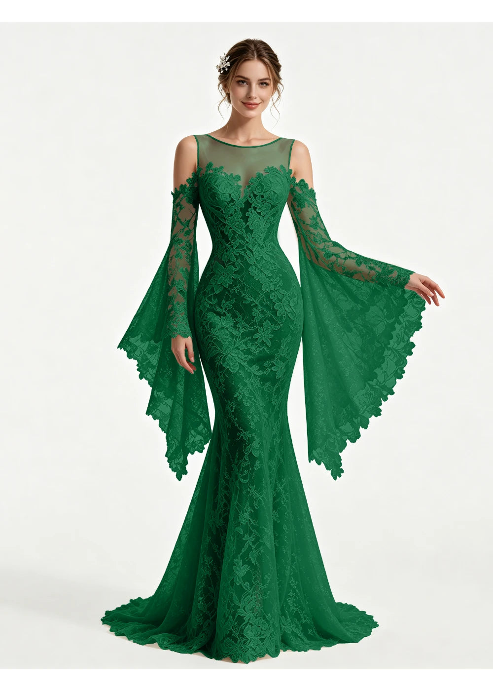 Front view of the emerald green lace cape sleeves gown with the same bridal silhouette
