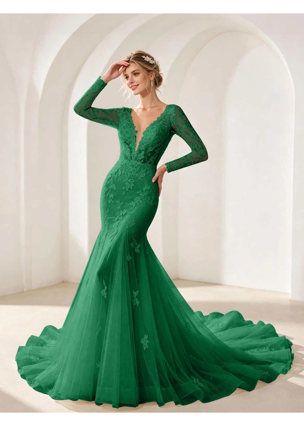 Front view of the emerald green mermaid lace train gown with the same bridal silhouette