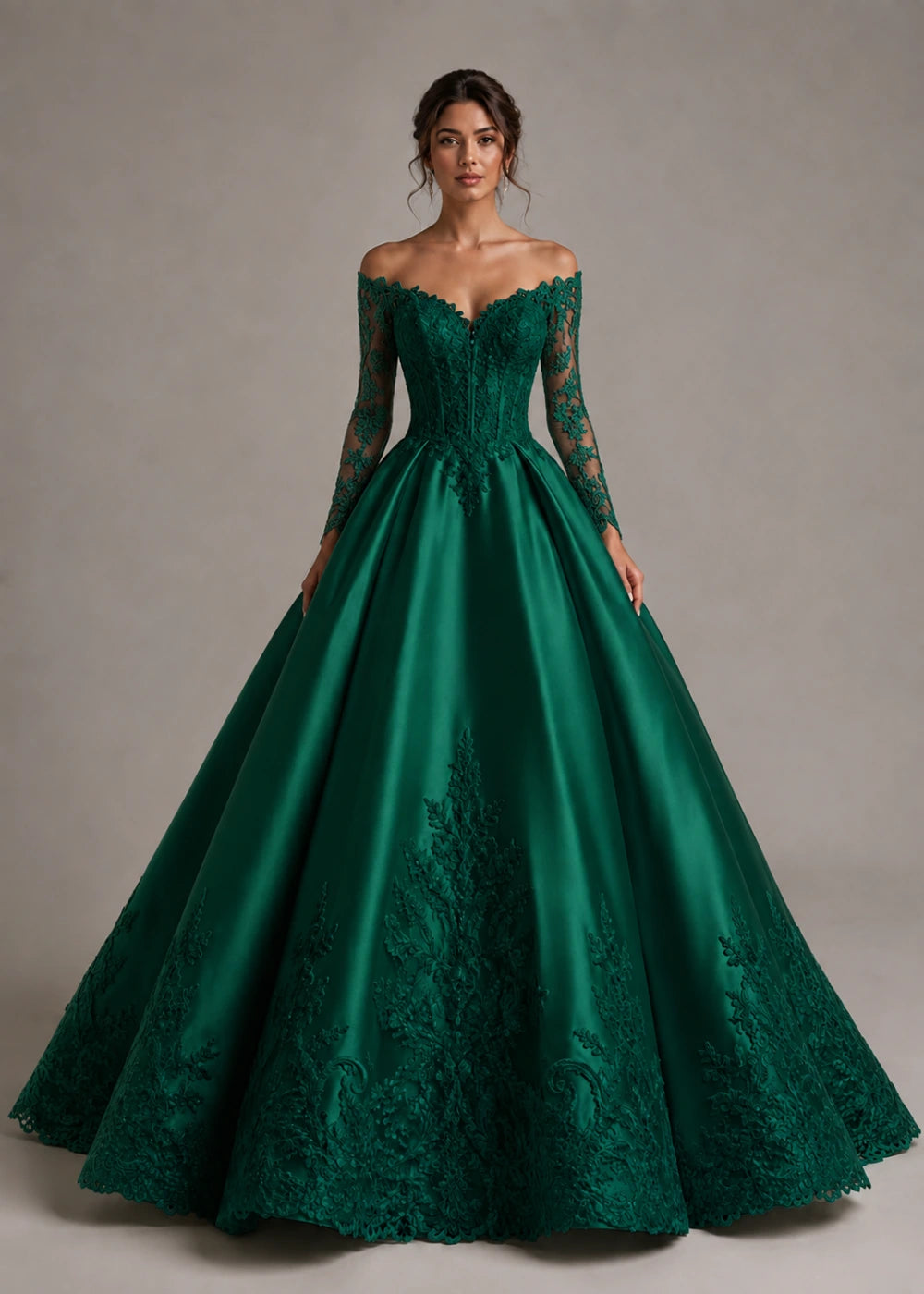 Front view of the emerald green off-the-shoulder ball gown with long floral-lace sleeves and a full skirt