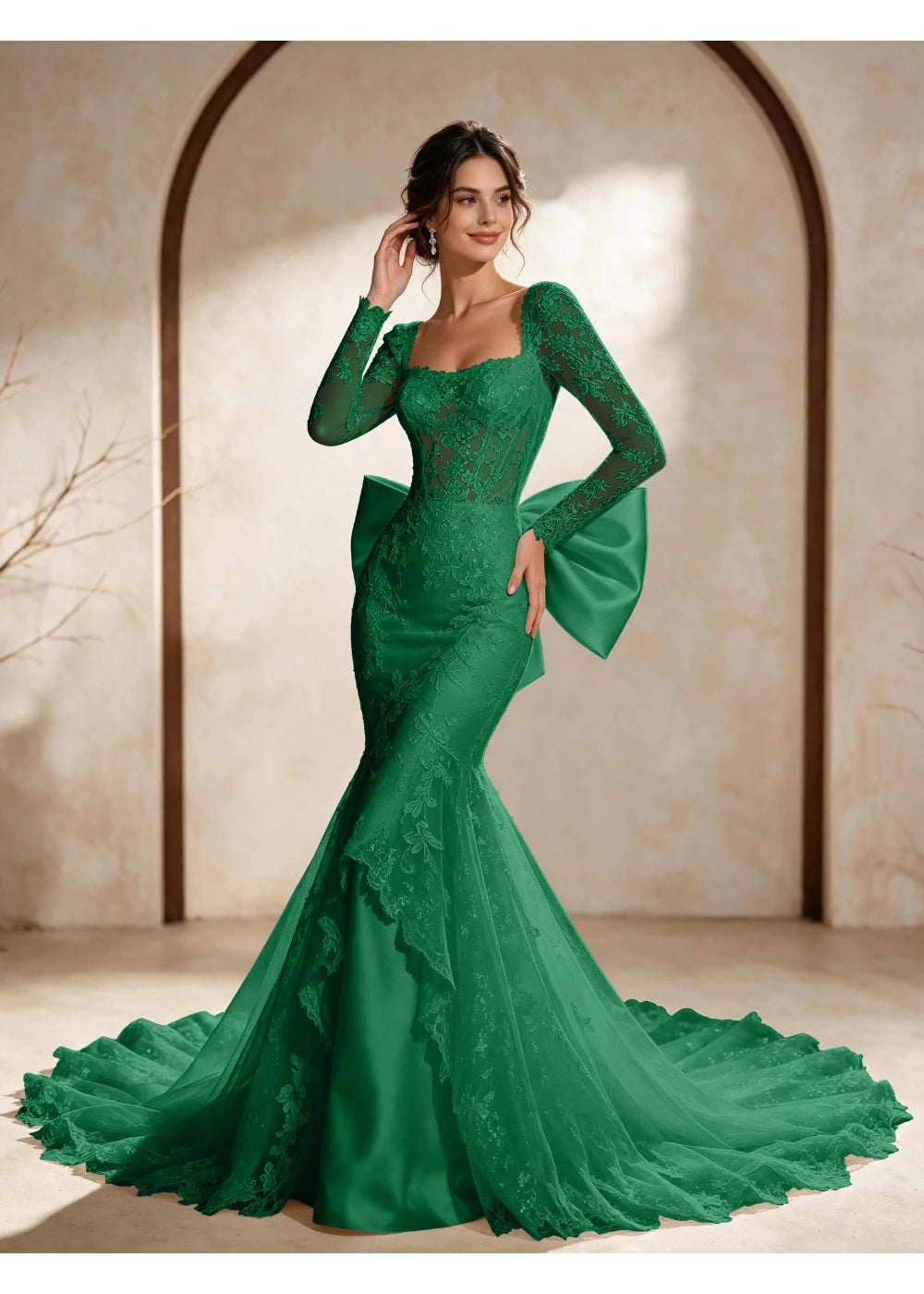 Front view of the emerald green square neck back bow gown with the same bridal silhouette