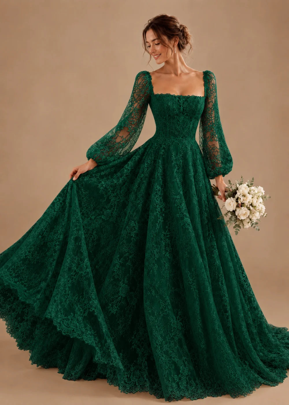 Front view of the emerald green square-neck A-line gown with all-over floral lace and long bishop sleeves