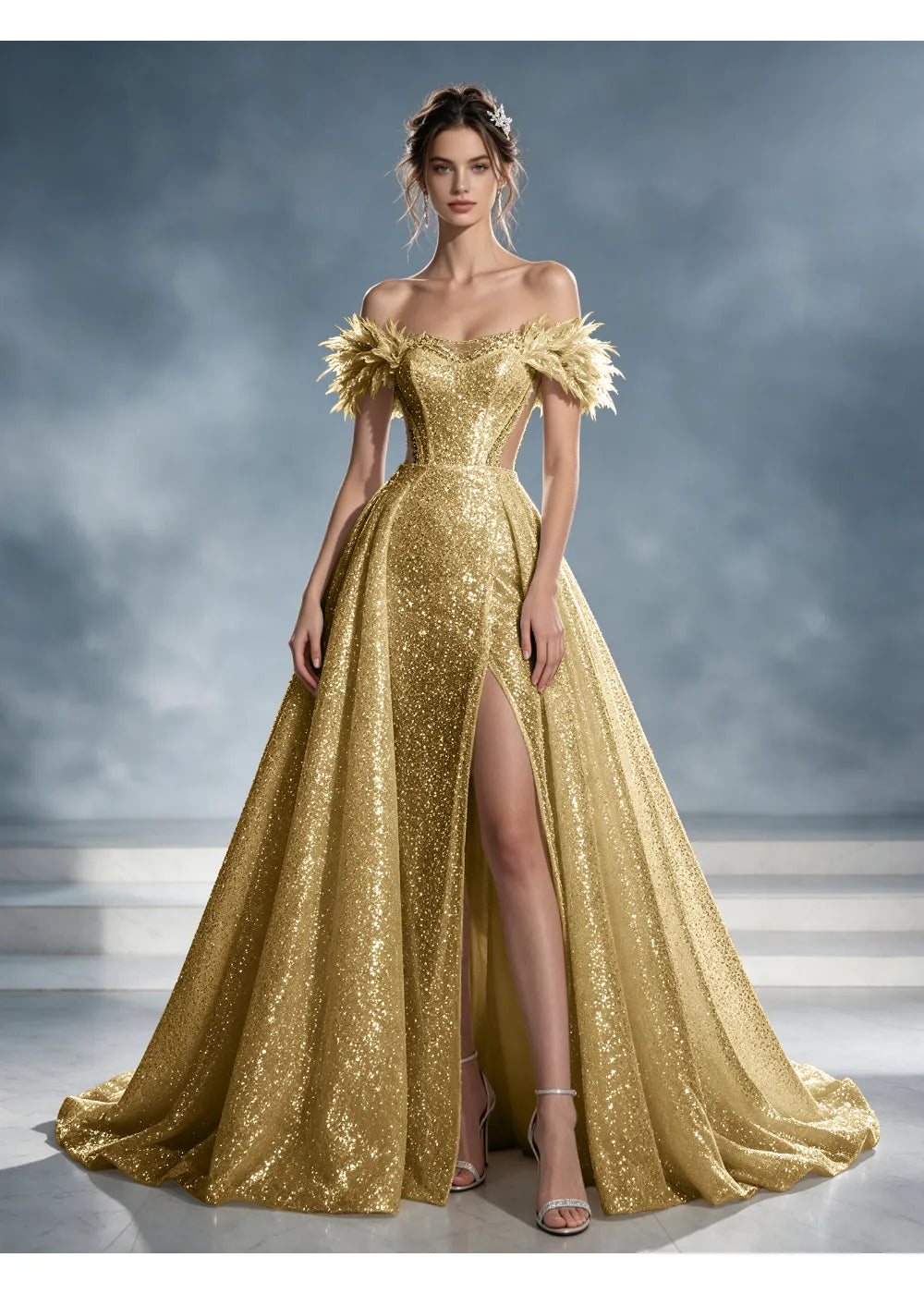 Front view of a gold sequin A-line gown with feather-like shoulder trim, a front slit and a train