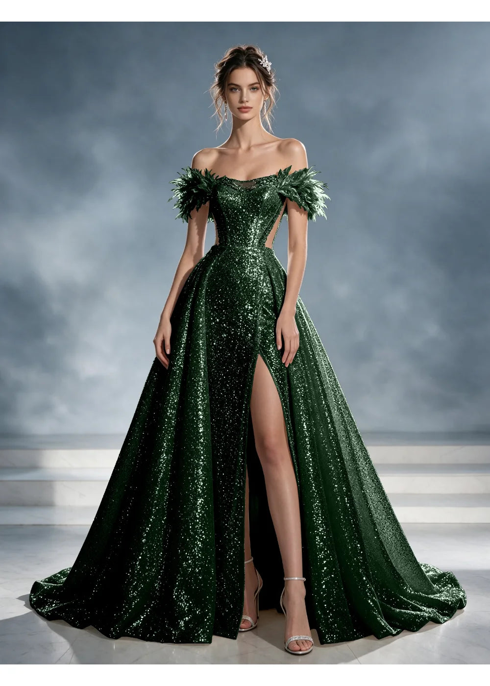 Front view of a hunter green sequin A-line gown with feather-like shoulder trim, a front slit and a train