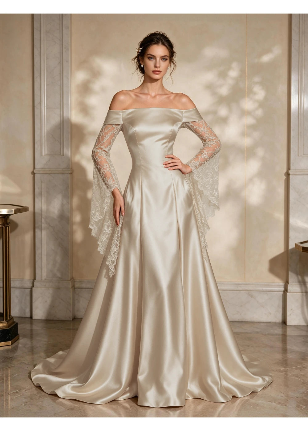 Three-quarter front view of the ivory off-shoulder gown with hanging lace beside the skirt