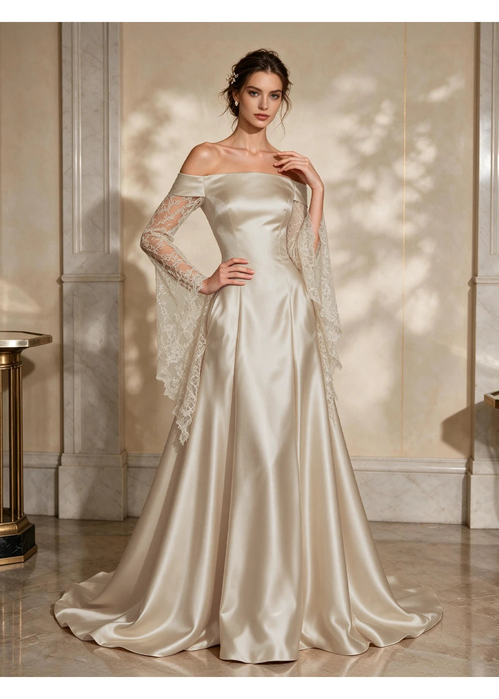 Front view of the ivory satin gown showing the plain bodice, full hem and draped lace sleeves