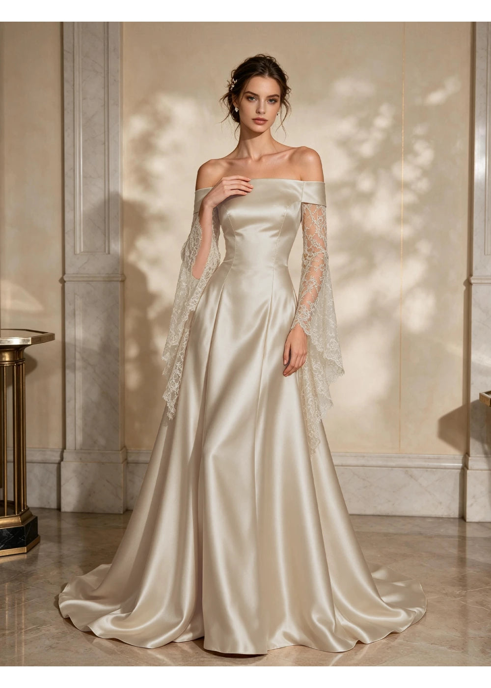 Full-length front view of the ivory satin skirt and long floral lace sleeves