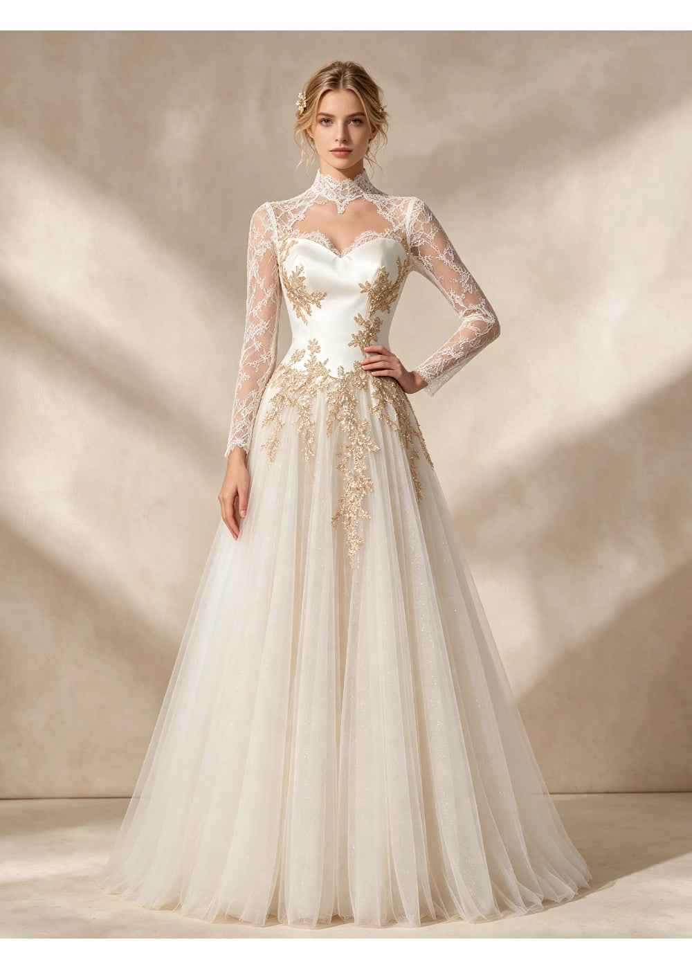 Front view of an ivory A-line gown with gold floral appliques, a high illusion neckline and long lace sleeves