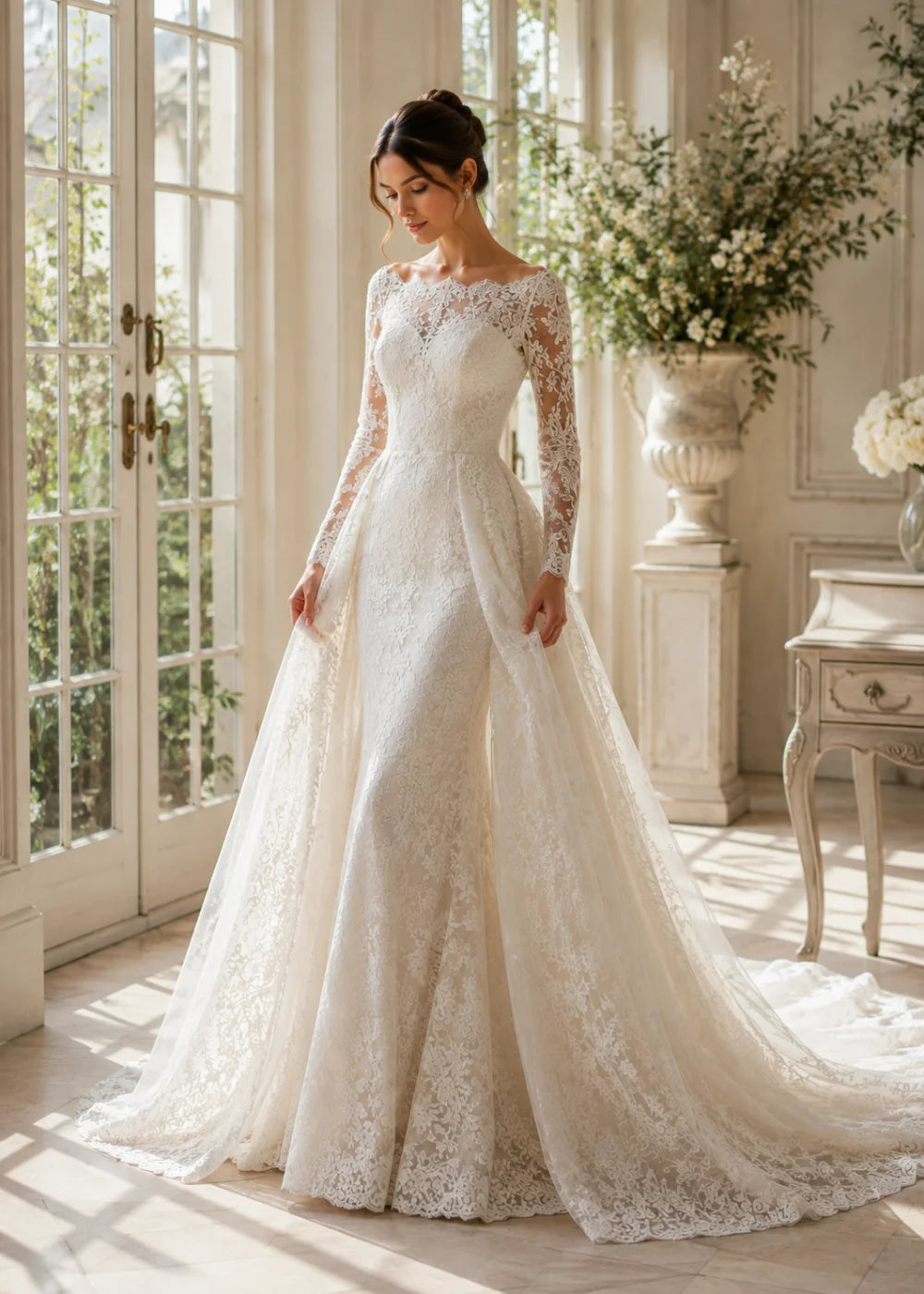 Editorial view of the ivory illusion-neck A-line gown with all-over floral lace, long sleeves, and a train