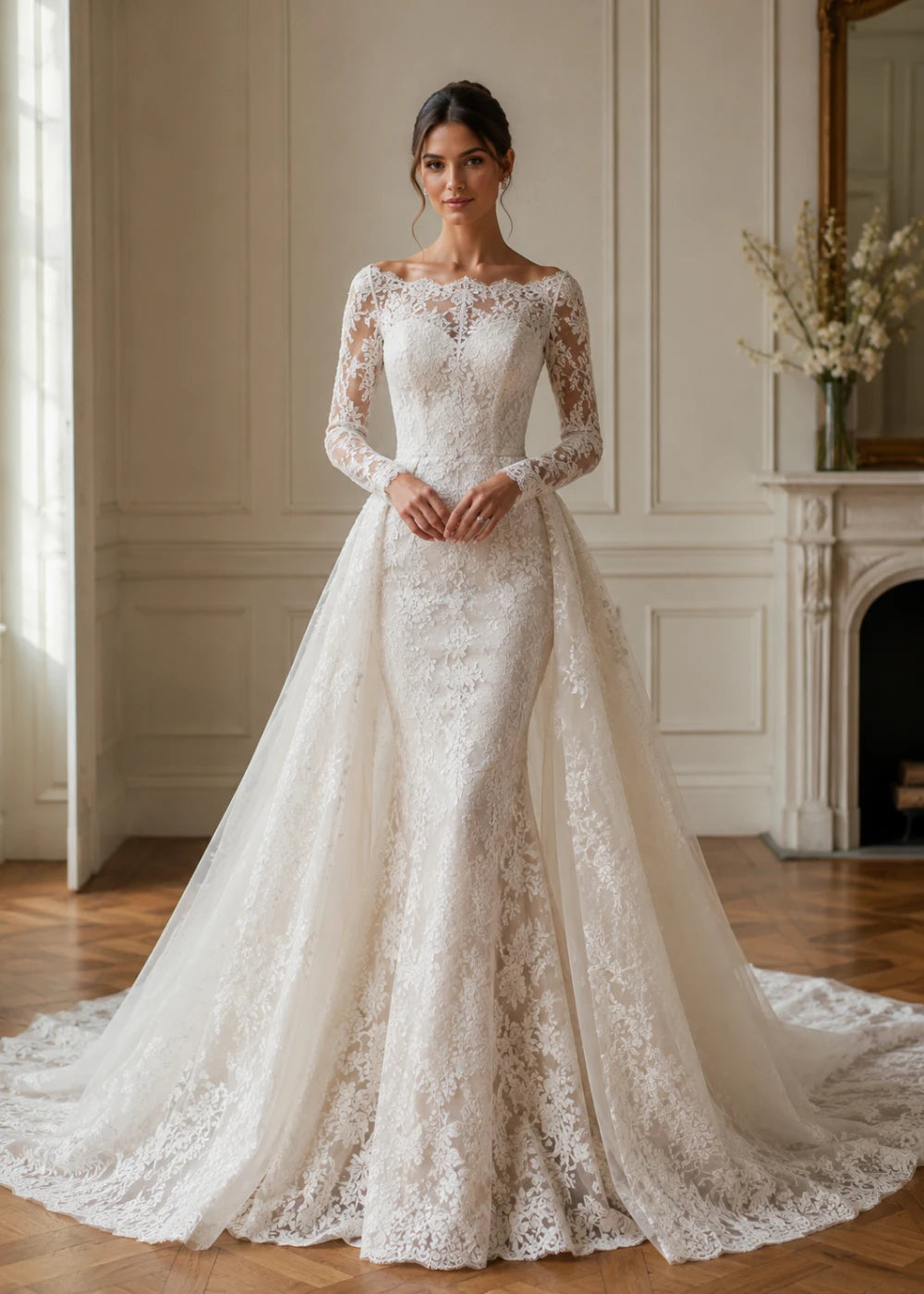 Front view of the ivory illusion-neck A-line gown with all-over floral lace, long sleeves, and a train