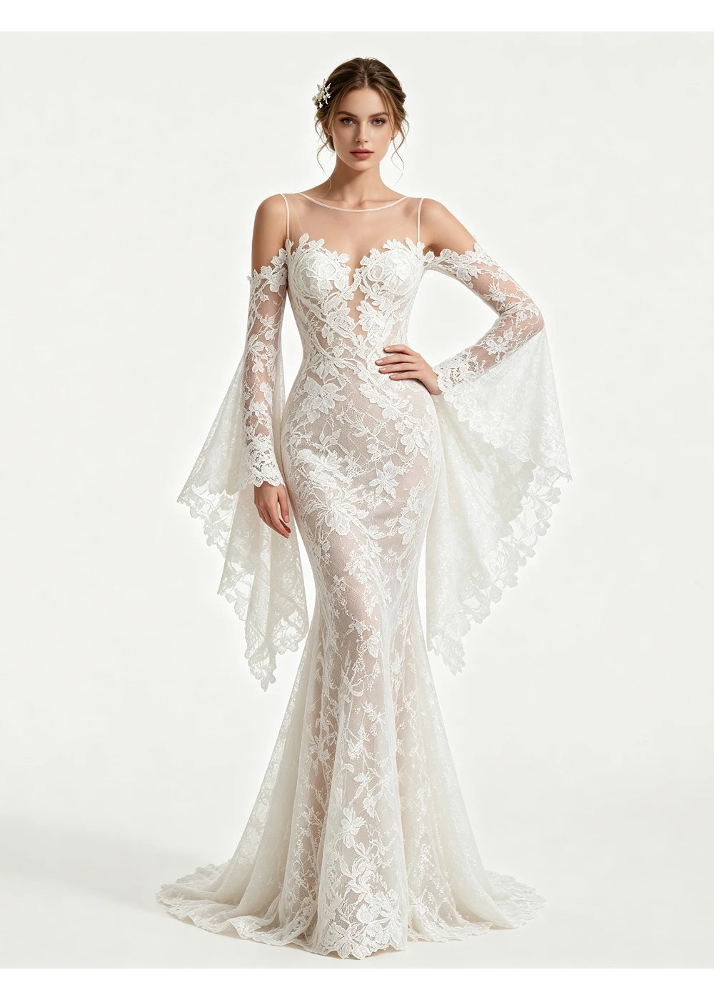Three-quarter view of the ivory lace train and cape-like sleeve extensions