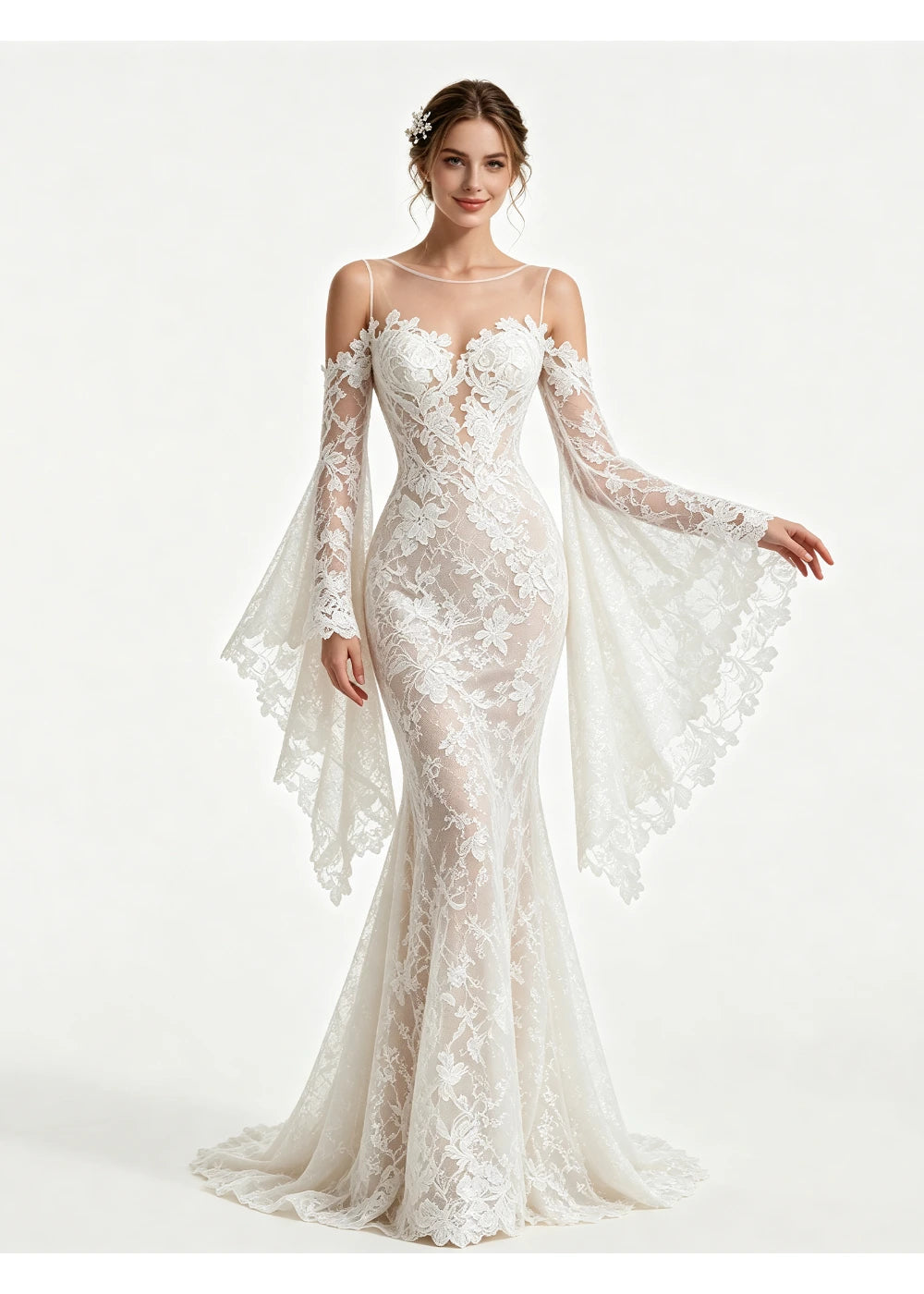 Front view of an ivory floral lace mermaid gown with thin straps and draped lace sleeve panels