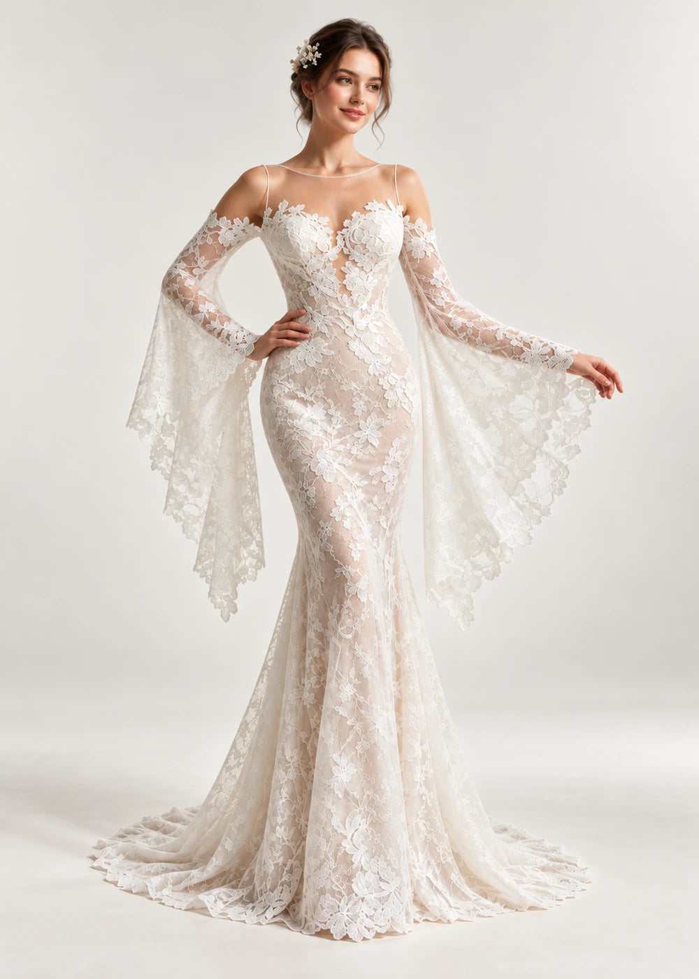 Ivory Lace Mermaid Wedding Dress with Draped Cape Sleeves