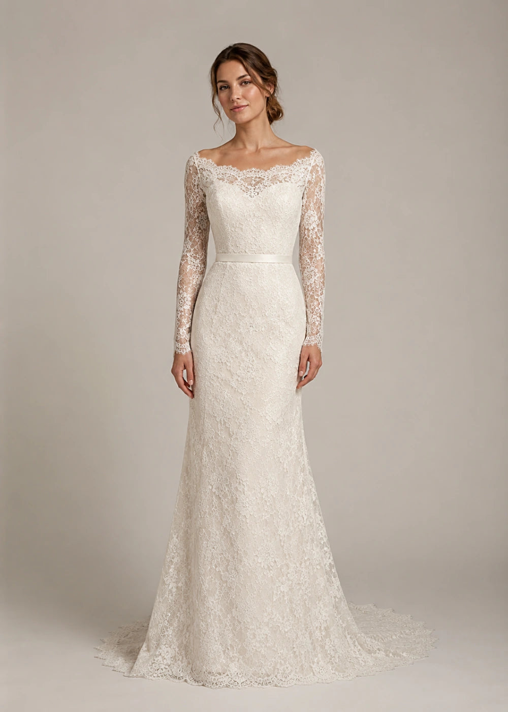 Front view of the ivory illusion-neck mermaid gown with long floral-lace sleeves and a flared train