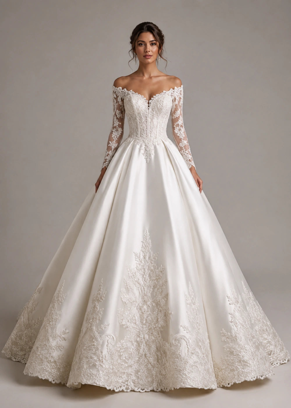 Front view of the ivory off-the-shoulder ball gown with long floral-lace sleeves and a full skirt