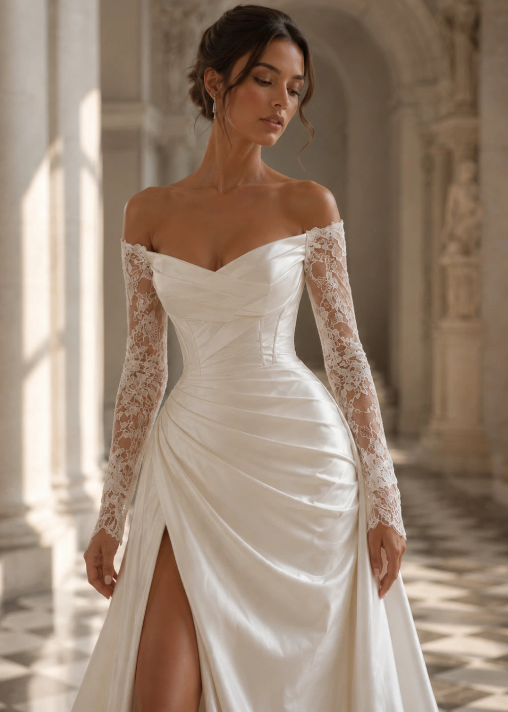 Detail view of the ivory off-the-shoulder A-line gown with long lace sleeves and a thigh-high slit
