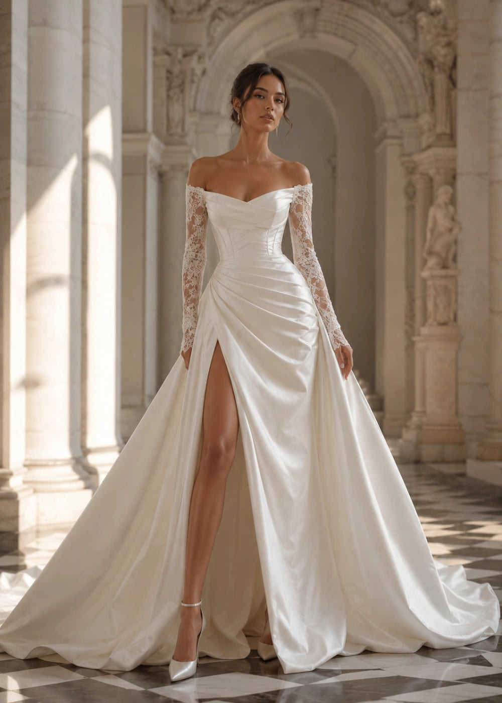 Front view of the ivory off-the-shoulder A-line gown with long lace sleeves and a thigh-high slit