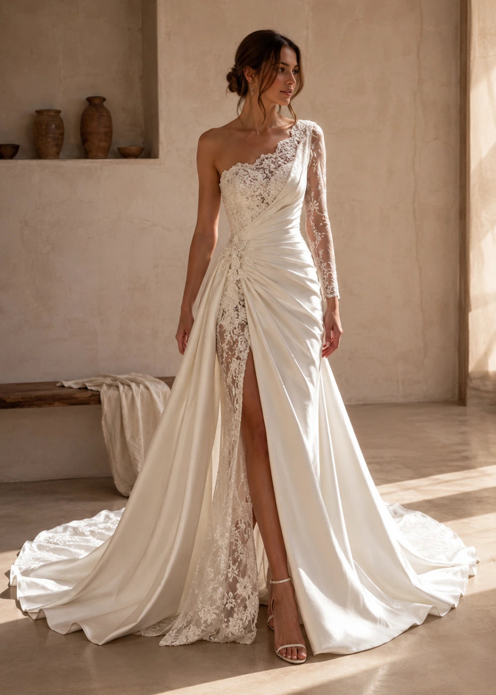 Front view of the ivory one-shoulder fitted gown with one long lace sleeve, a thigh-high slit, and a train