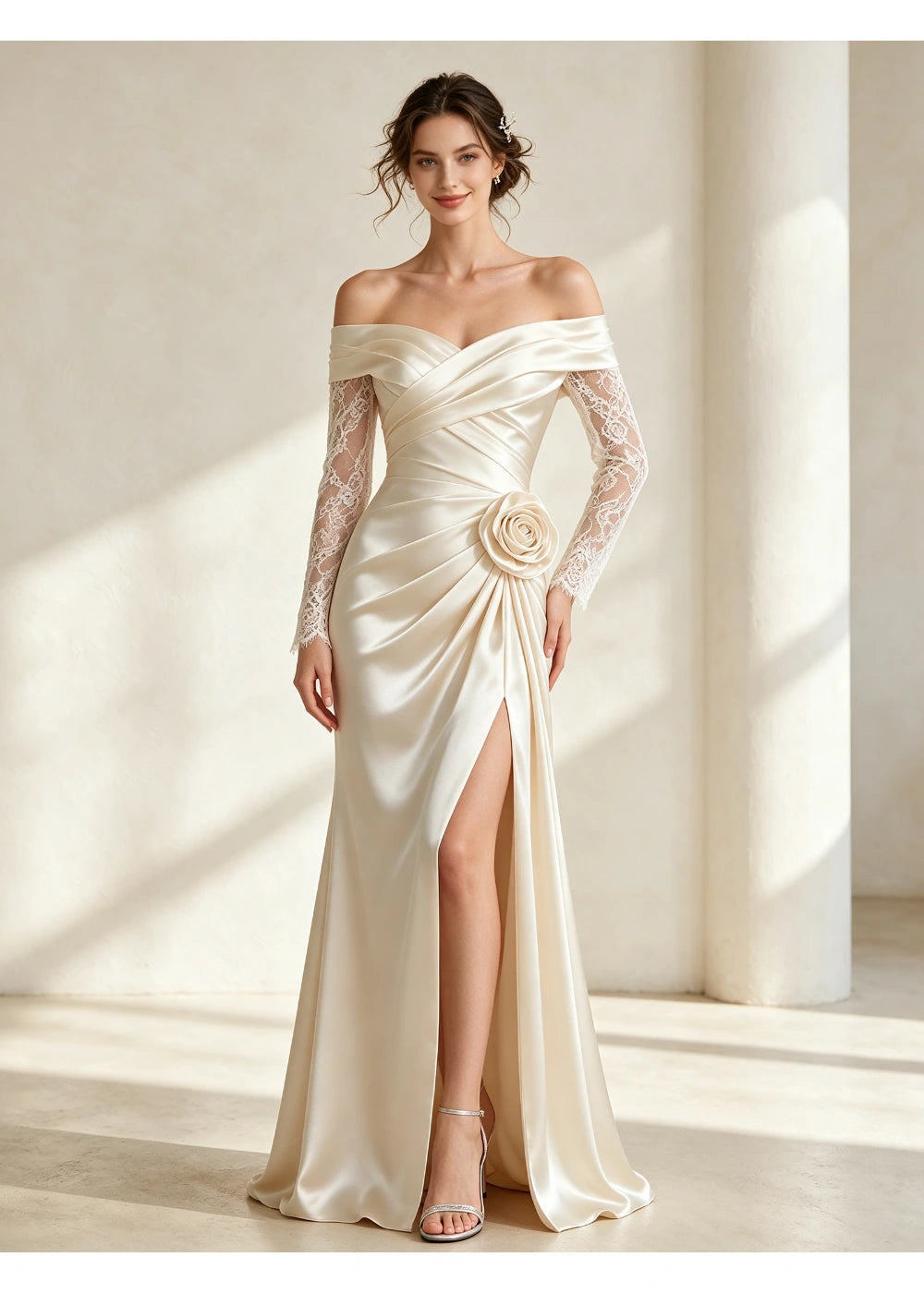 Front view of the folded ivory neckline, long lace sleeves and side rosette