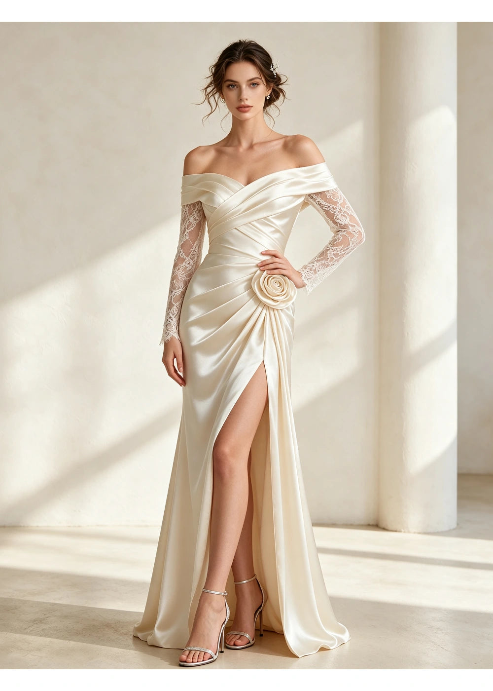 Full-length view of the ivory satin gown with its open front slit