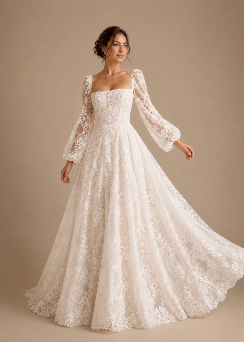 Detail view of the ivory square-neck A-line gown with all-over floral lace and long bishop sleeves