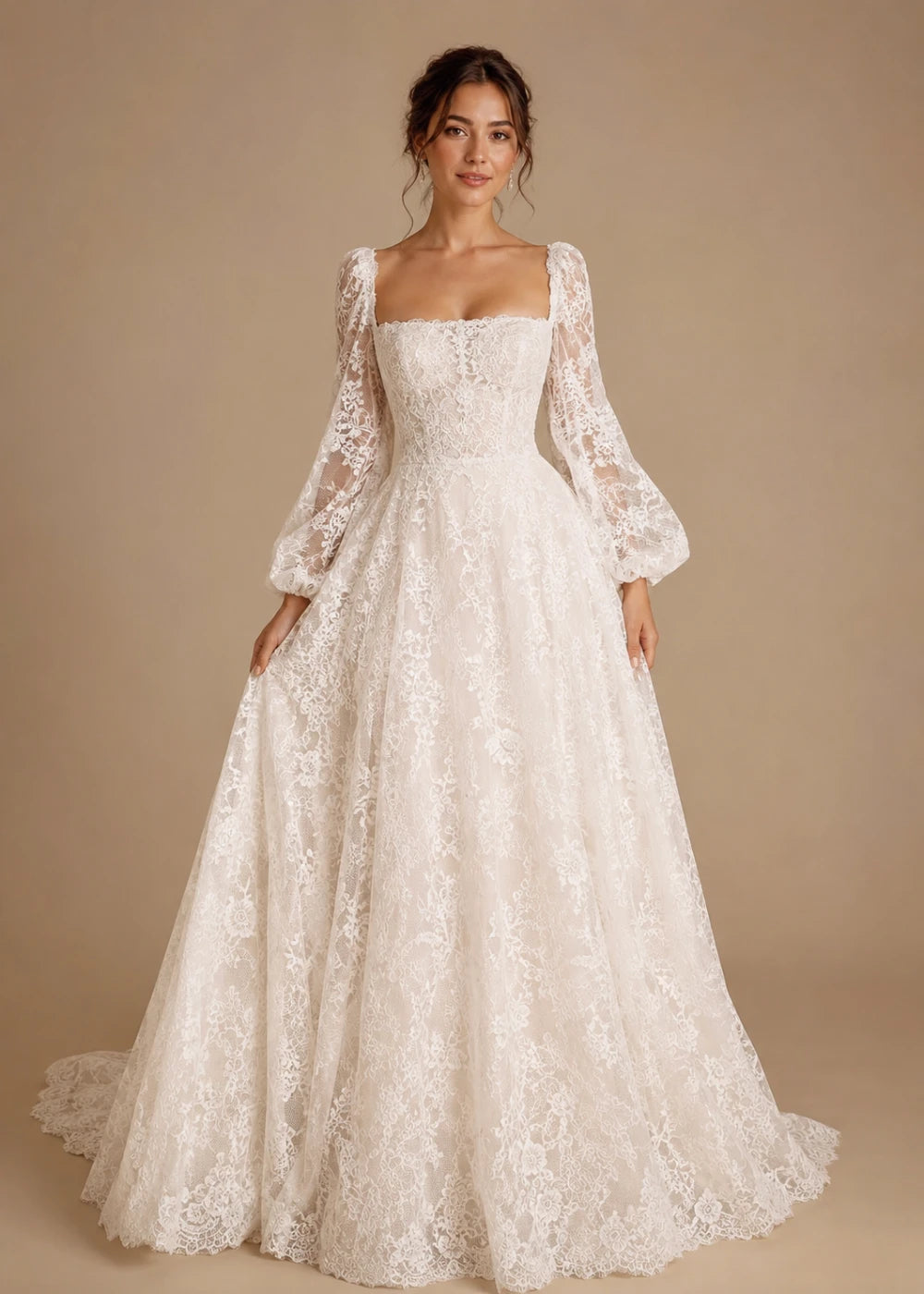 Front view of the ivory square-neck A-line gown with all-over floral lace and long bishop sleeves