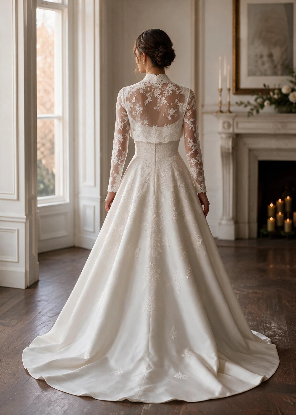 Back view of an ivory A-line gown showing the sheer lace overlay and full skirt