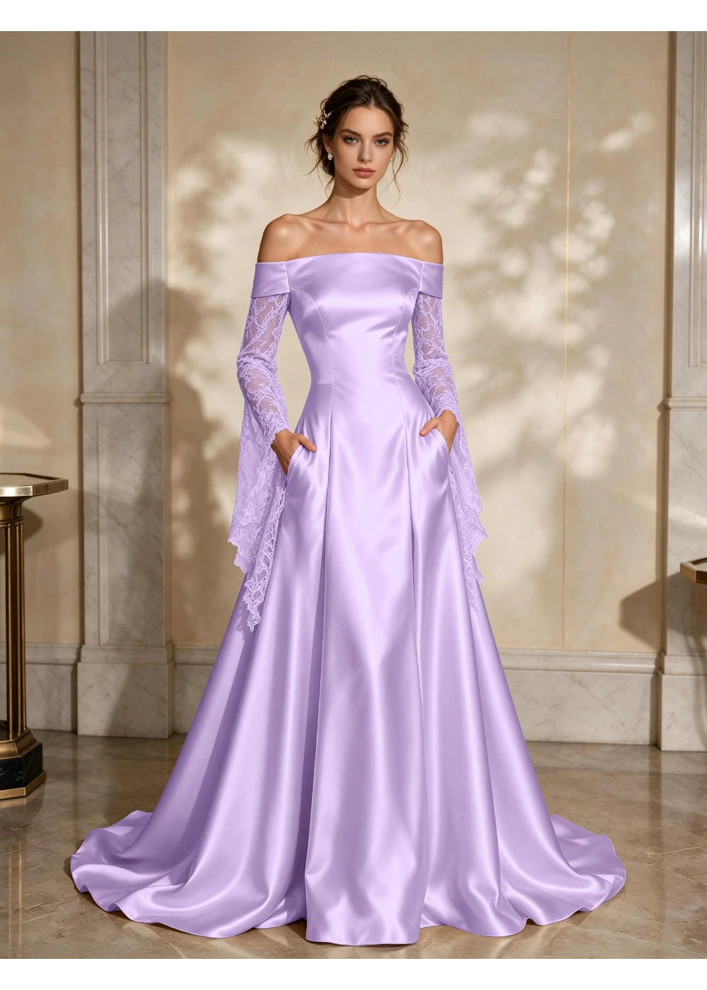 Front view of a lavender satin A-line gown with a folded off-shoulder neckline and draped lace sleeve extensions