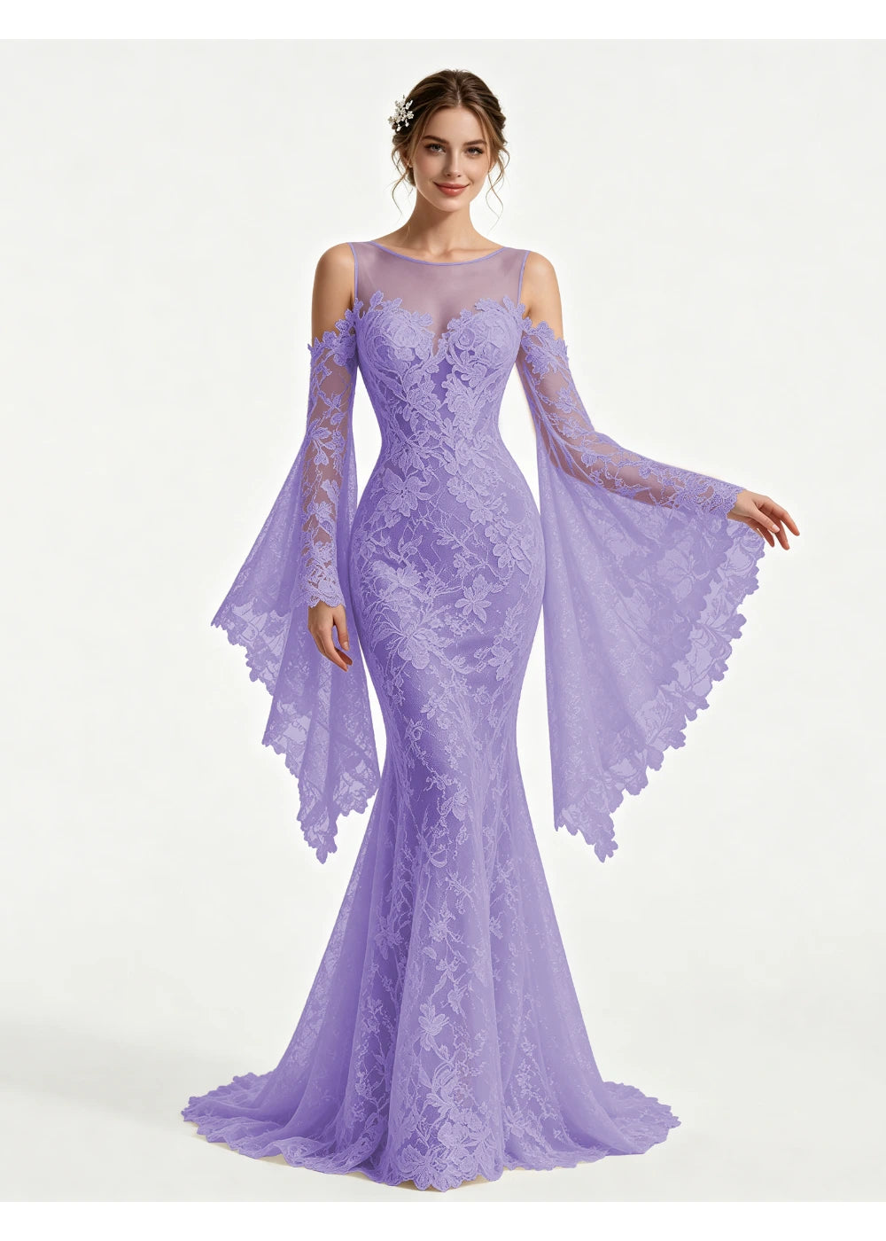 Front view of the lavender lace cape sleeves gown with the same bridal silhouette