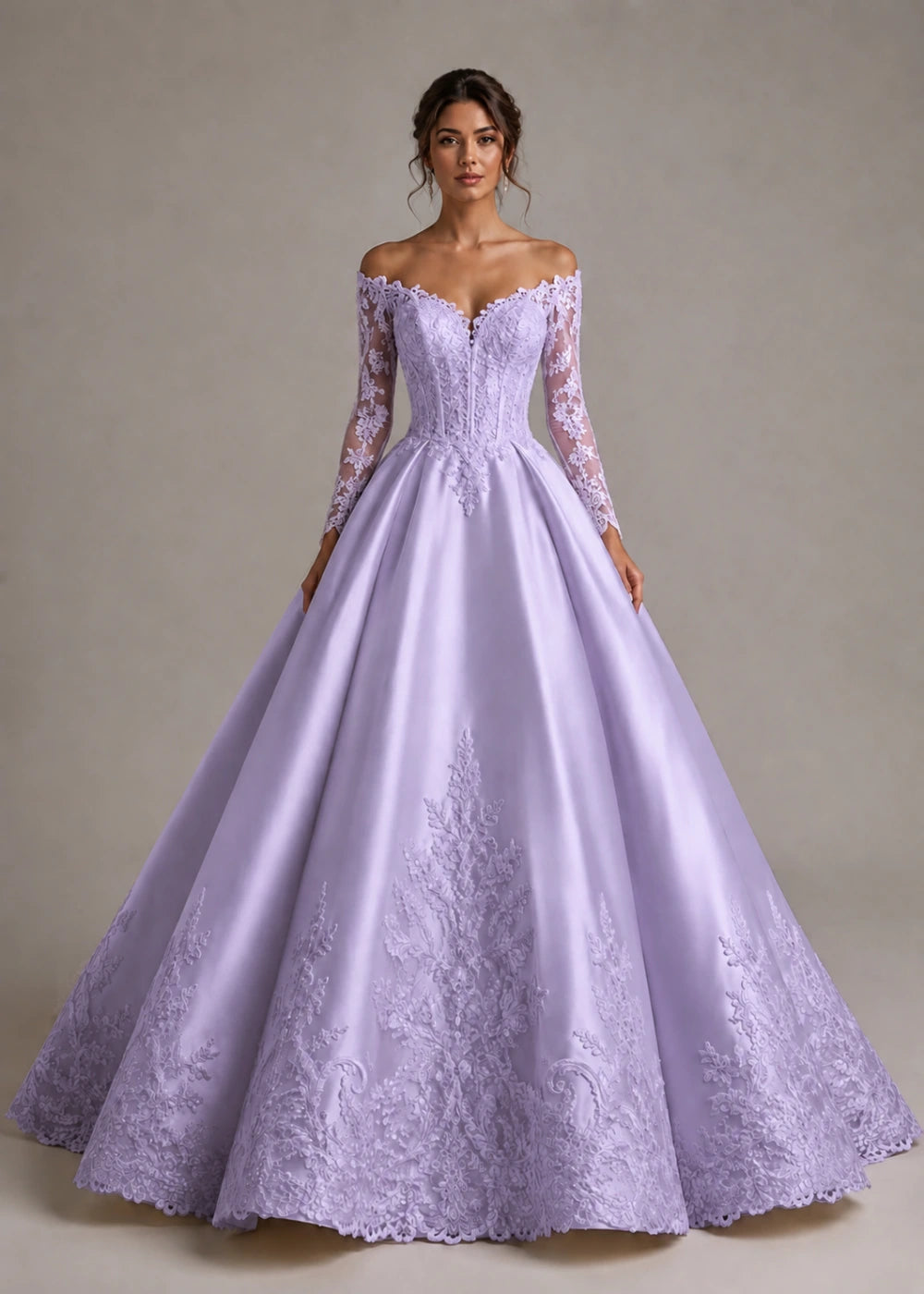 Front view of the lavender off-the-shoulder ball gown with long floral-lace sleeves and a full skirt