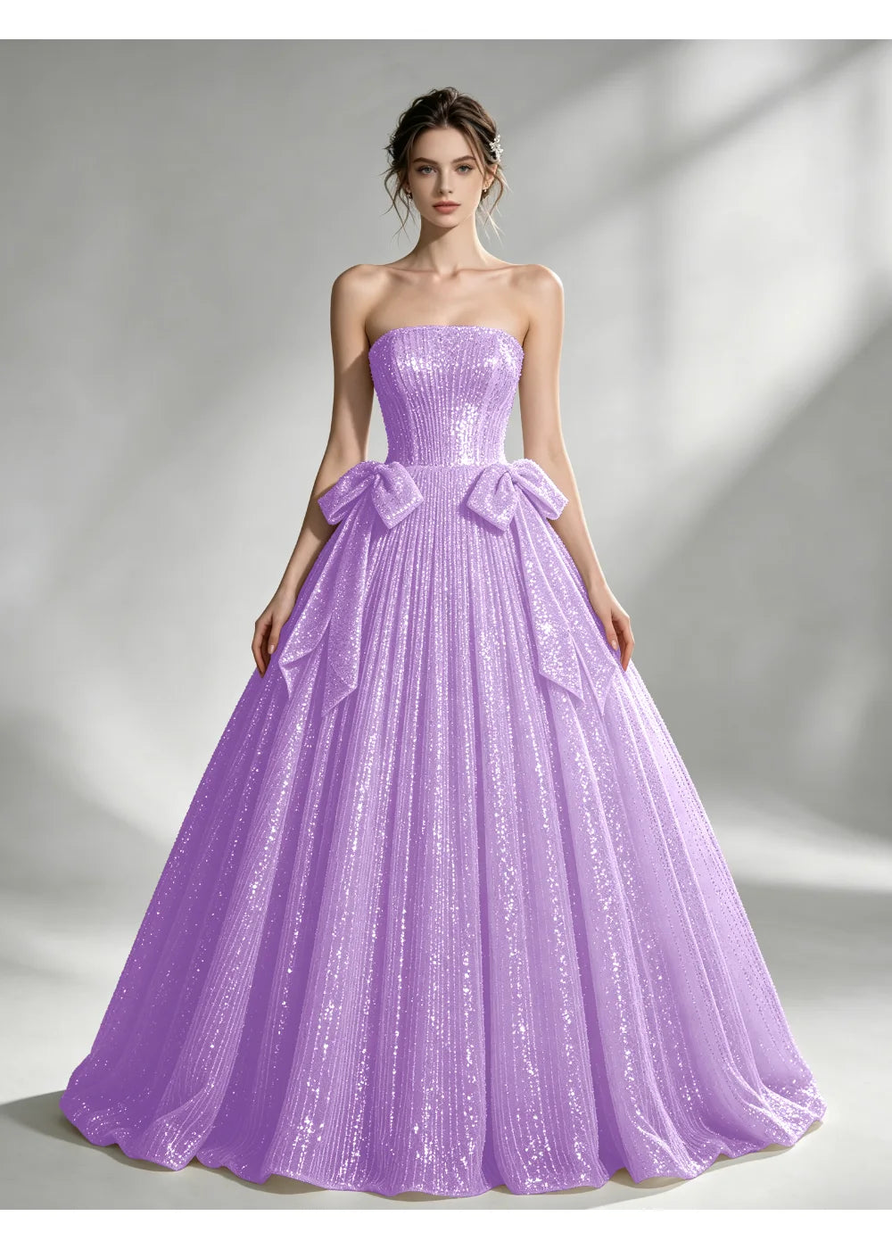 Front view of the lavender sequin twin bow gown with the same bridal silhouette