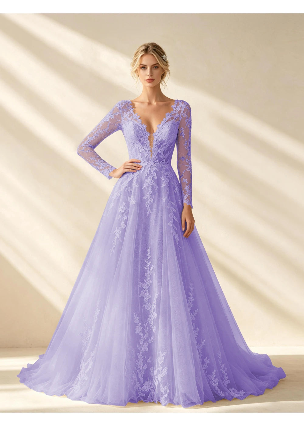 Front view of the lavender v neck lace a line gown with the same bridal silhouette