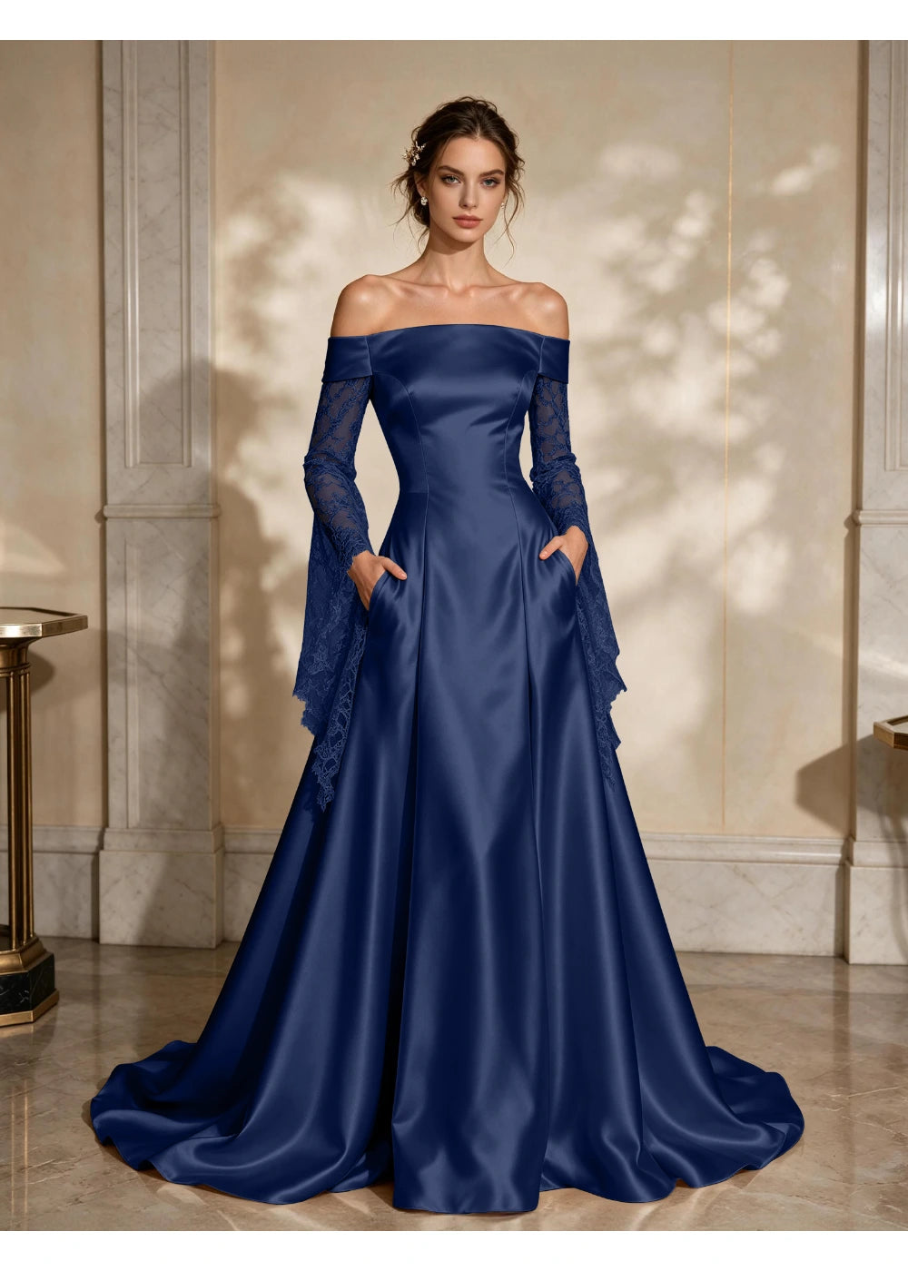 Front view of a navy blue satin A-line gown with a folded off-shoulder neckline and draped lace sleeve extensions