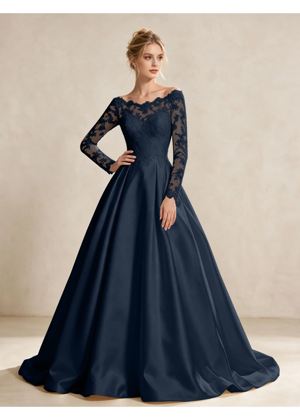 Front view of the navy blue illusion lace satin gown with the same bridal silhouette