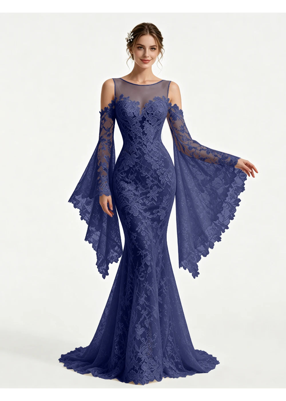 Front view of the navy blue lace cape sleeves gown with the same bridal silhouette