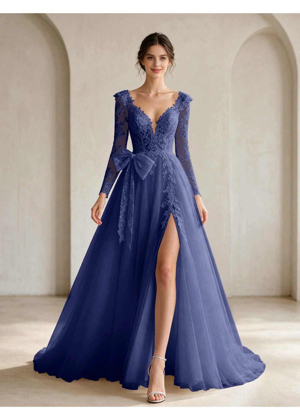 Front view of the navy blue lace front bow slit gown with the same bridal silhouette
