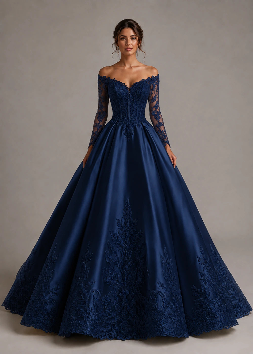 Front view of the navy blue off-the-shoulder ball gown with long floral-lace sleeves and a full skirt