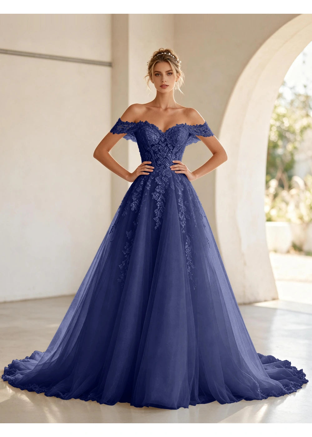 Front view of the navy blue off shoulder lace tulle gown with the same bridal silhouette