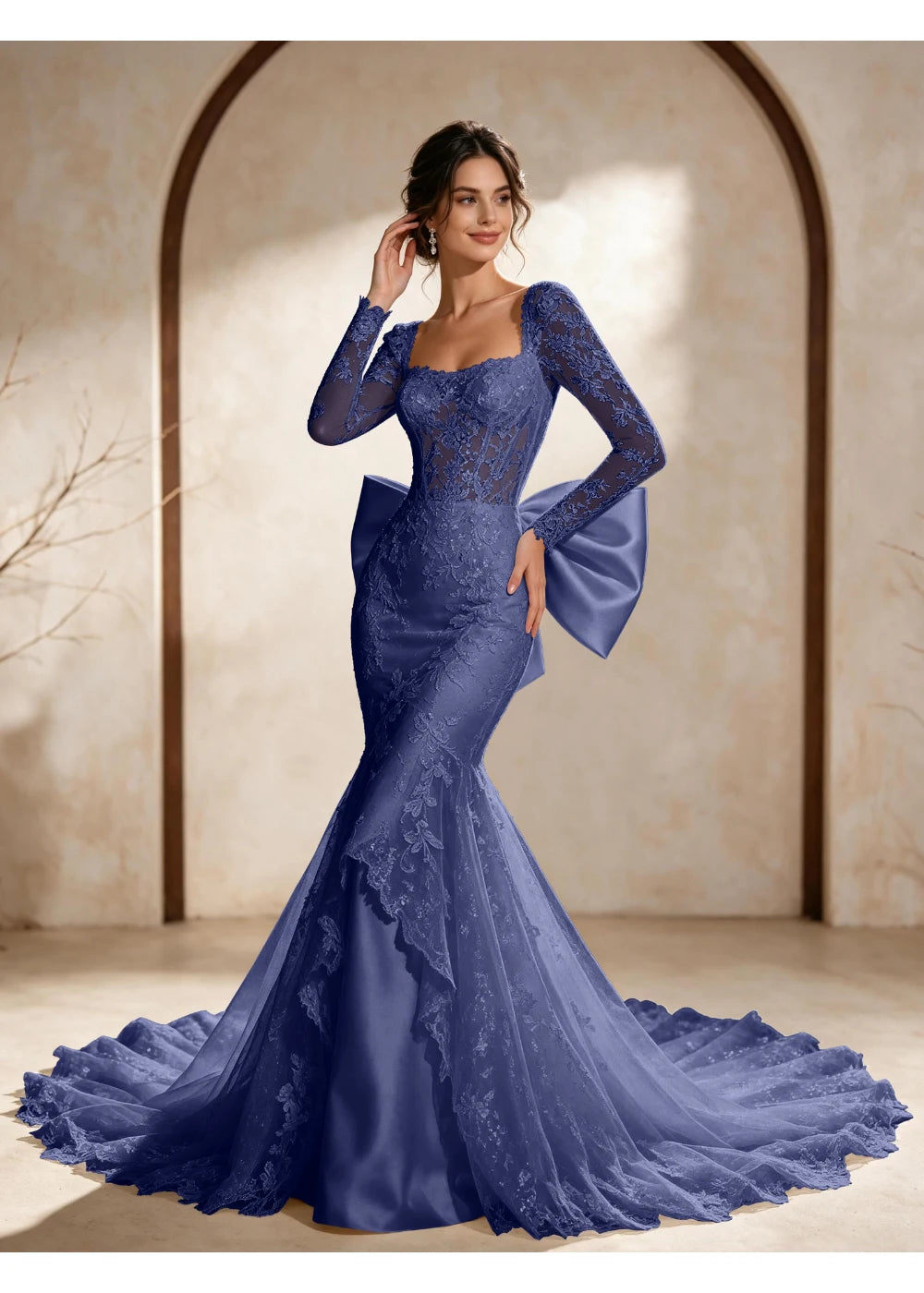 Front view of the navy blue square neck back bow gown with the same bridal silhouette