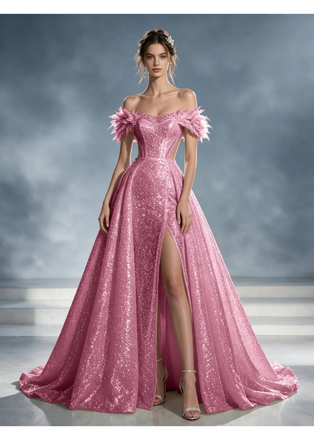 Front view of a pink sequin A-line gown with feather-like shoulder trim, a front slit and a train