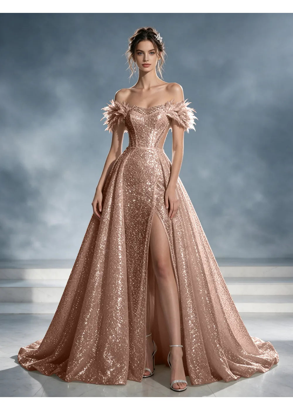Front view of a rose gold sequin A-line gown with feather-like shoulder trim, a front slit and a train