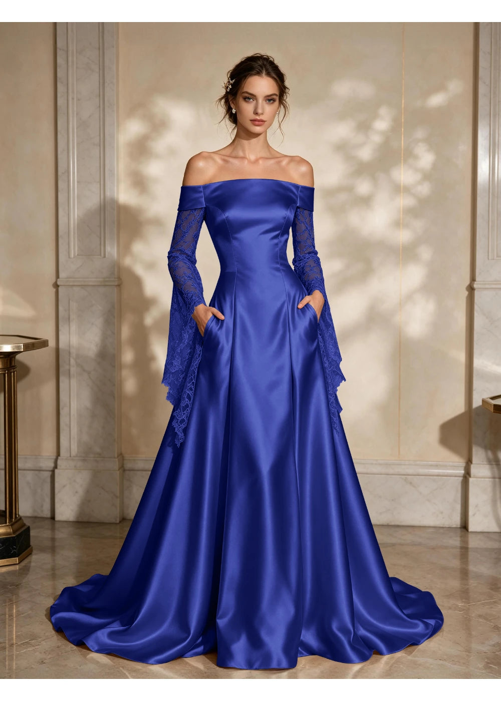 Front view of a royal blue satin A-line gown with a folded off-shoulder neckline and draped lace sleeve extensions