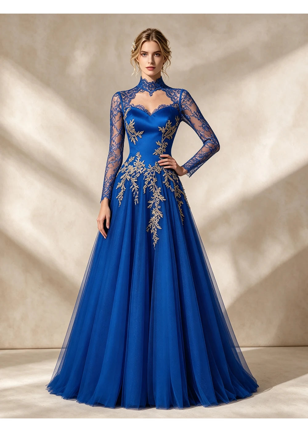 Front view of the royal blue gold applique gown with the same bridal silhouette