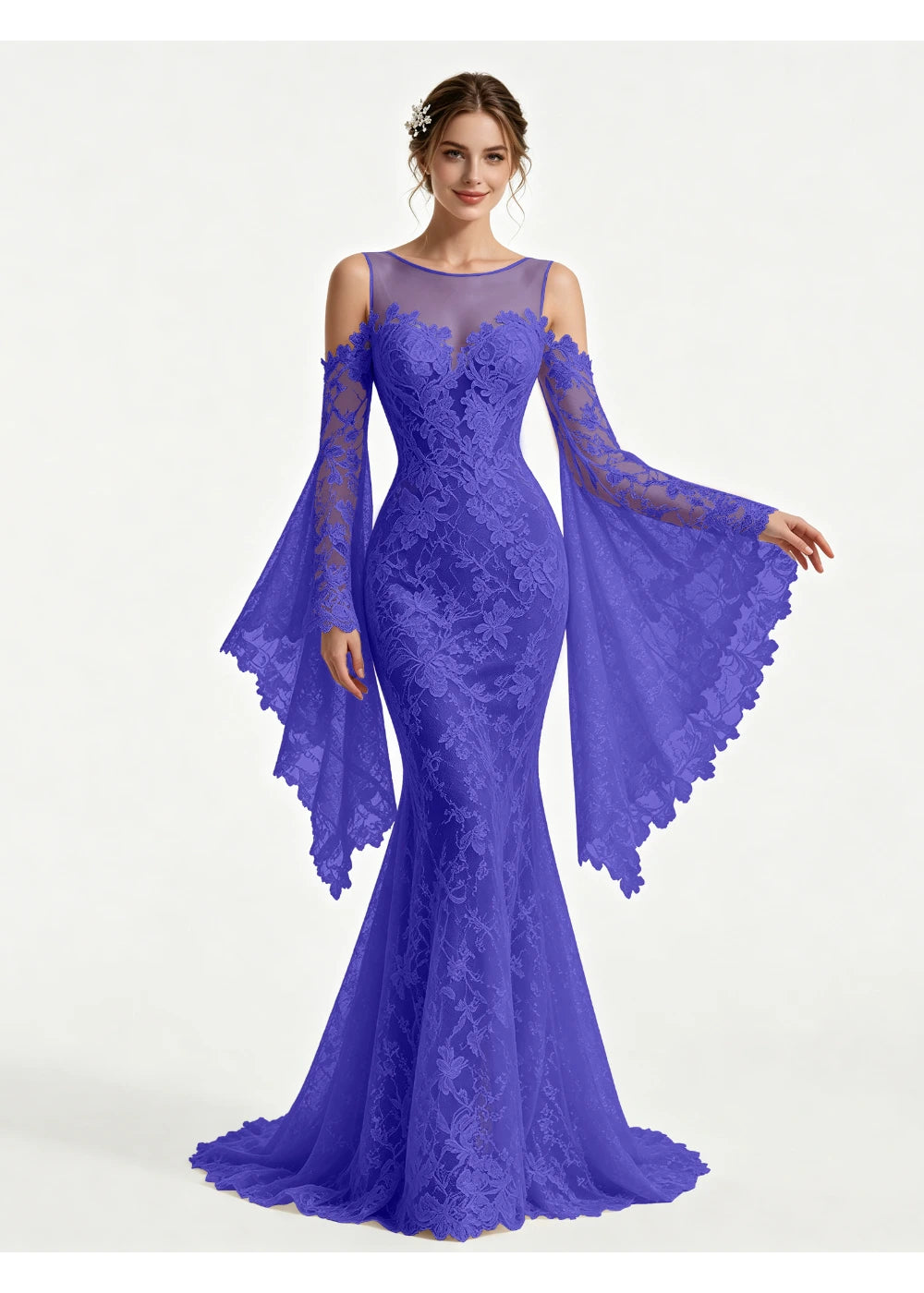 Front view of the royal blue lace cape sleeves gown with the same bridal silhouette